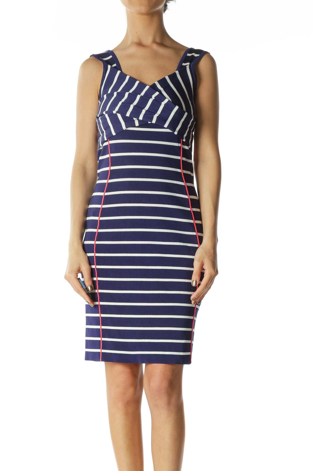 Blue/White/Pink Striped Wrap-Detail Stretch Dress Front