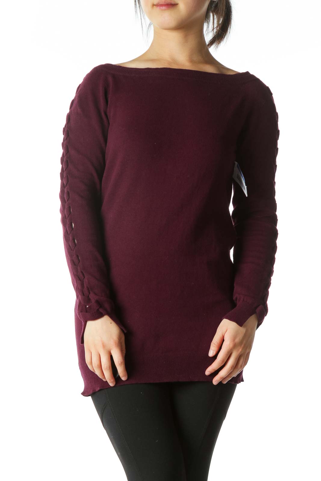Deep Burgundy Crocheted-Sleeve Boat-Neck Sweater Front