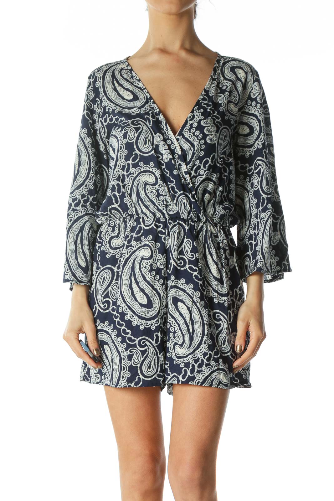 Navy Blue and White Patterned Romper with Bell Sleeves Front