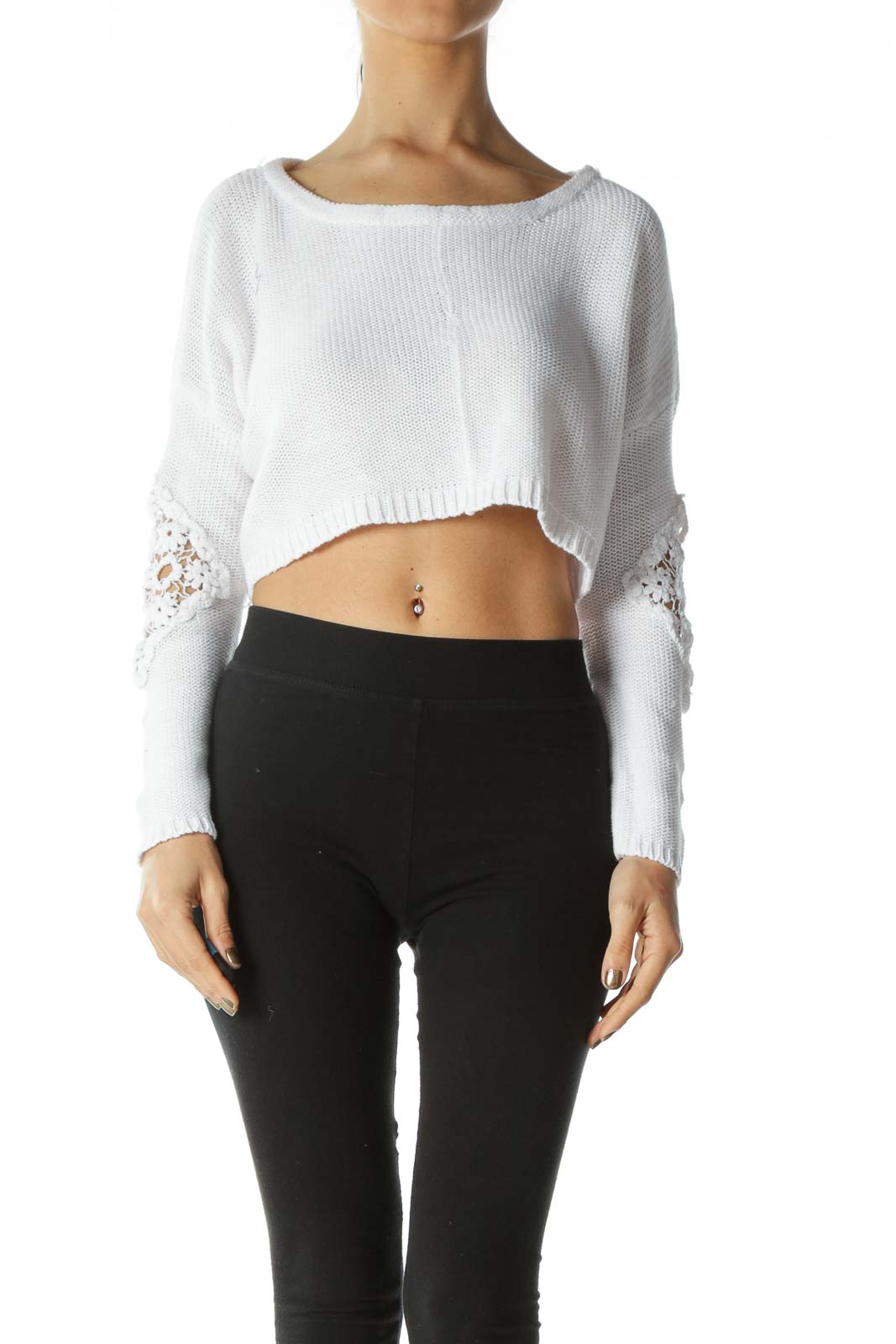 White Crocheted Long-Sleeve Crop-Top With Floral Lace Front