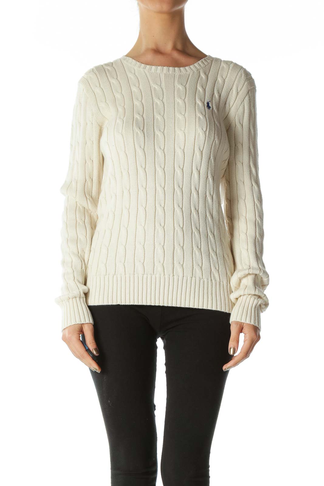 Cream Polo Logo Cable-Knit Sweater Front