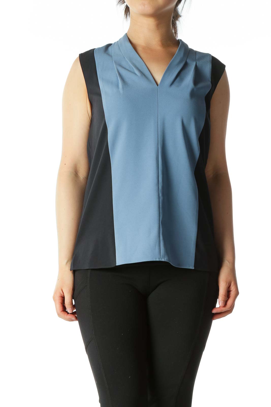 Light Blue and Navy Color-Block V-Neck Sleeveless Blouse Front