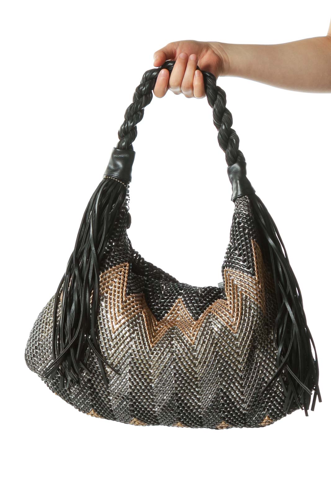 Black Tan and Silver Woven Shoulder Bag with Fringe and Twisted Shoulder Strap Front