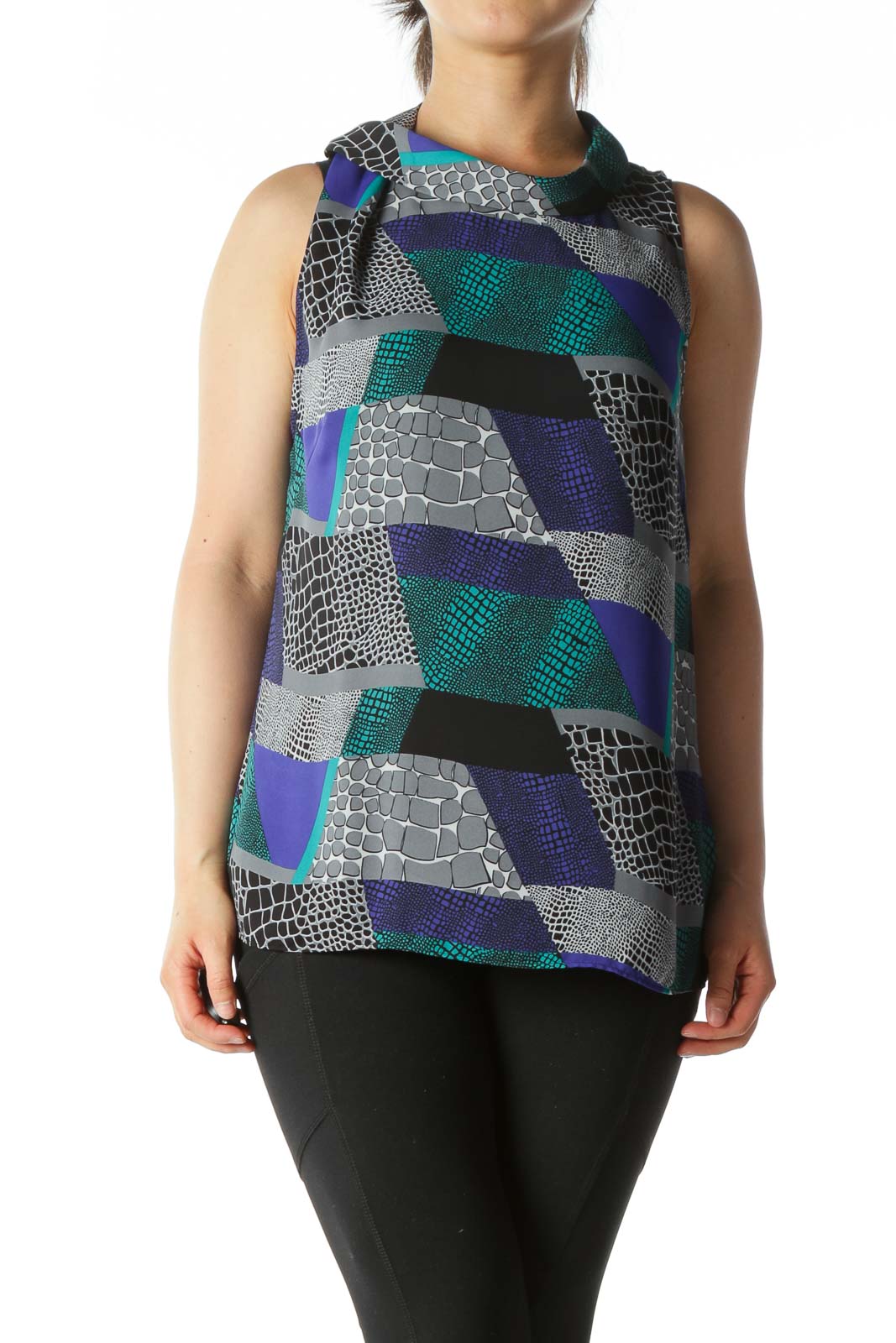 Green Blue and Grey Graphic Color-Block Cowl-Neck Blouse Front