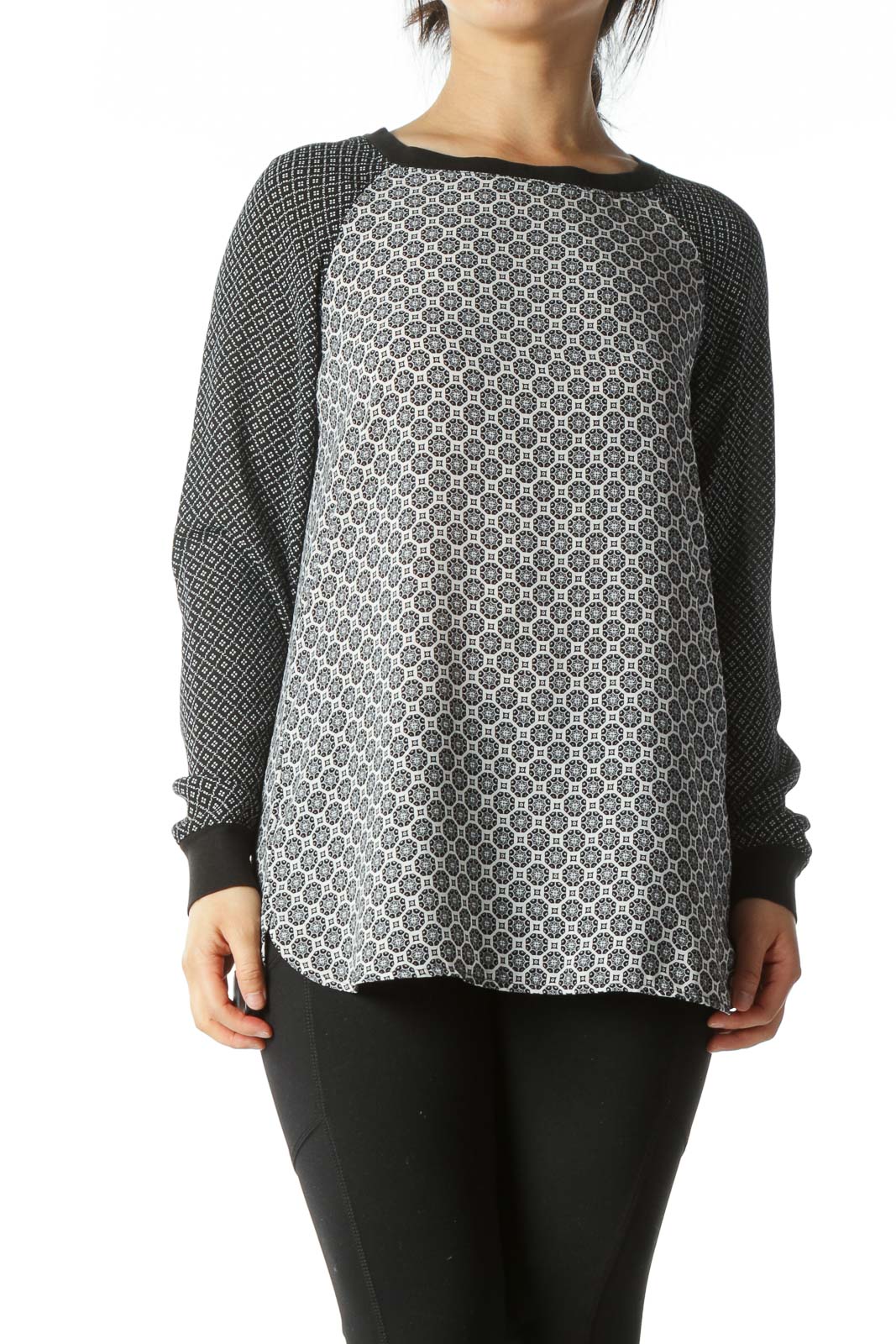 Black and White Graphic-Print Mock-Baseball Tee Blouse Front