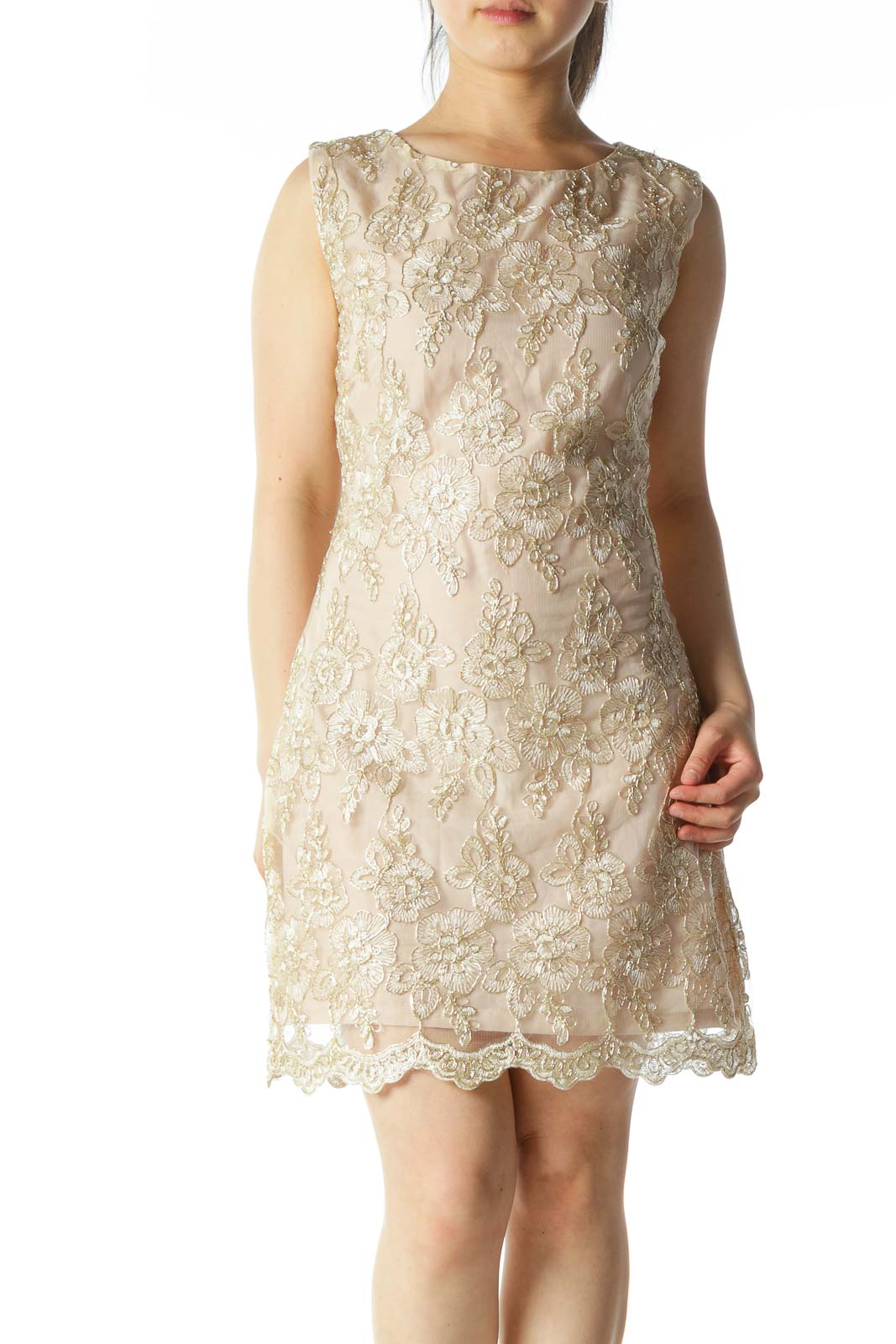 Beige/Gold Lace Flower Embroidery Cocktail Dress Front