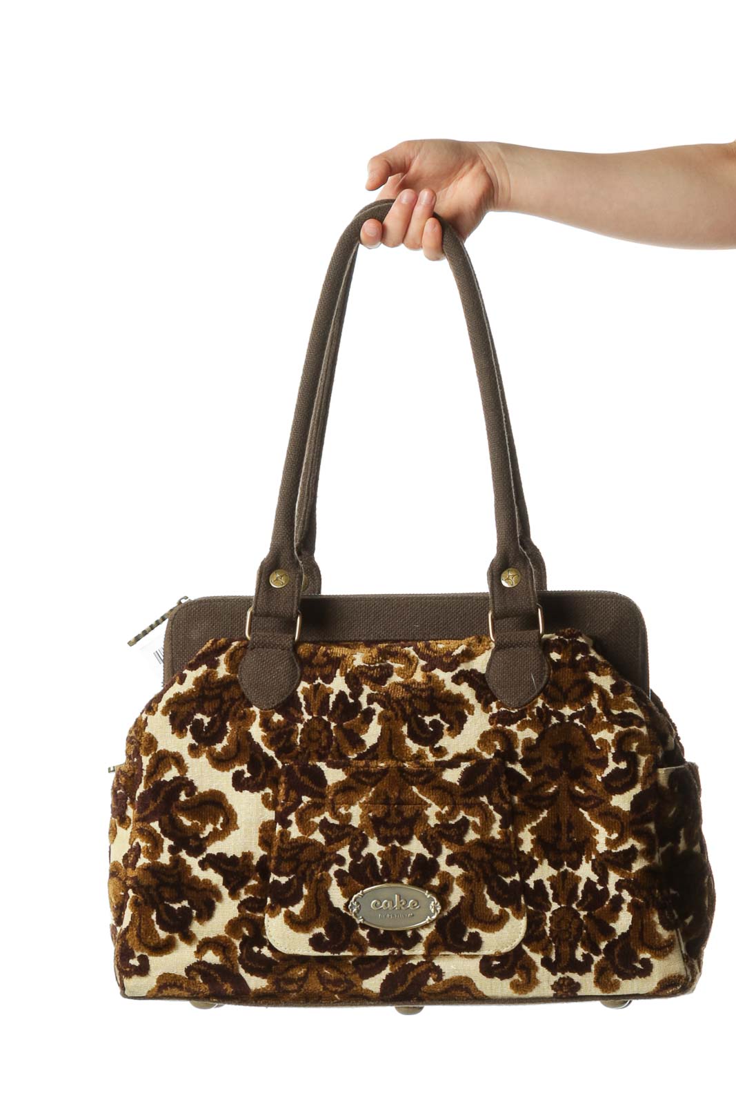 Brown Brocade-Embroidered Vintage-Inspired Bucket Tote Front