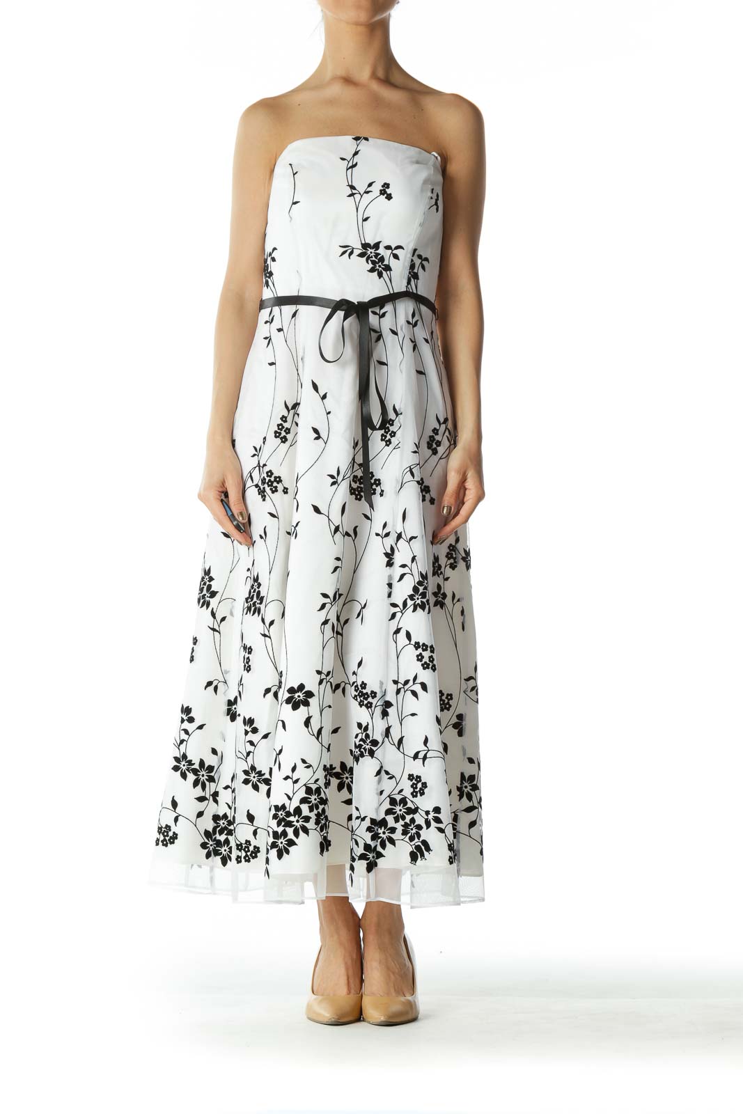 White Dress with Black Floral Print  Front