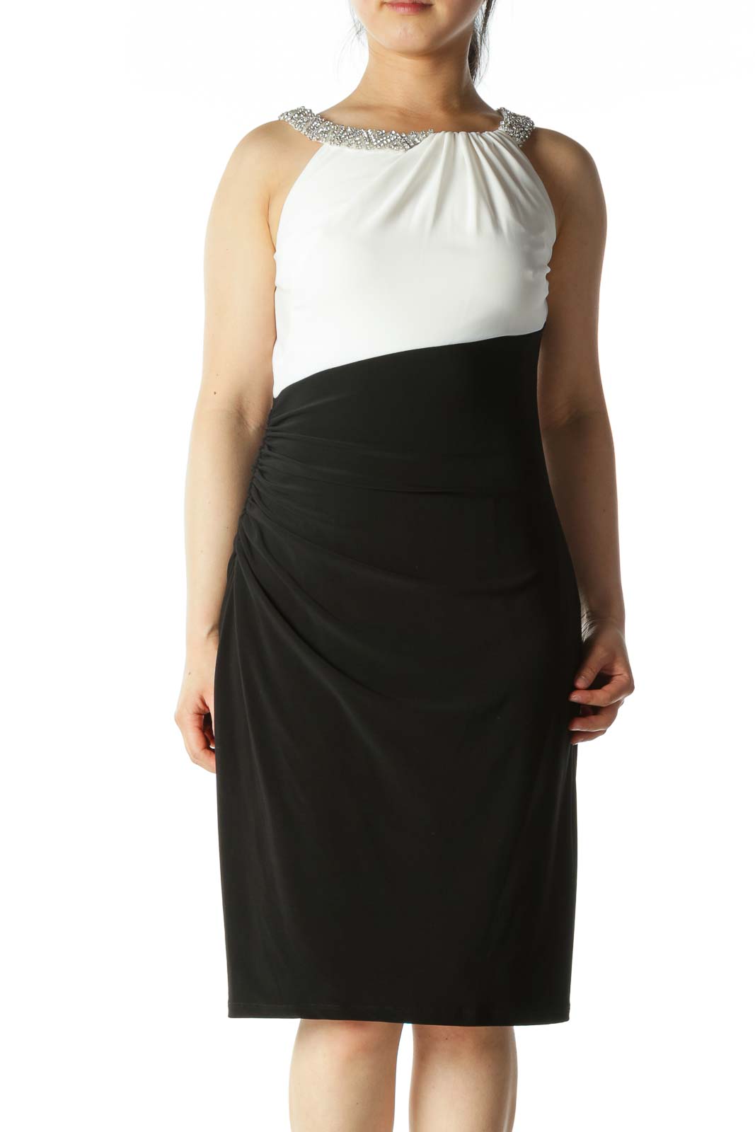 Black and White Cocktail Dress With Bejeweled Straps  Front