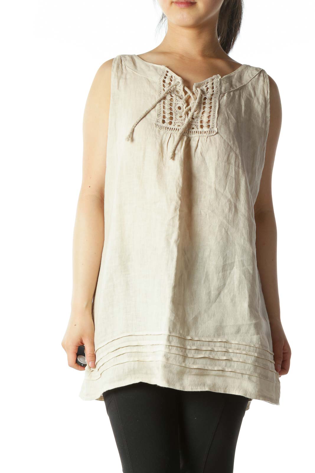Beige Crochet Lace-Up Sleeveless Linen Blouse Front