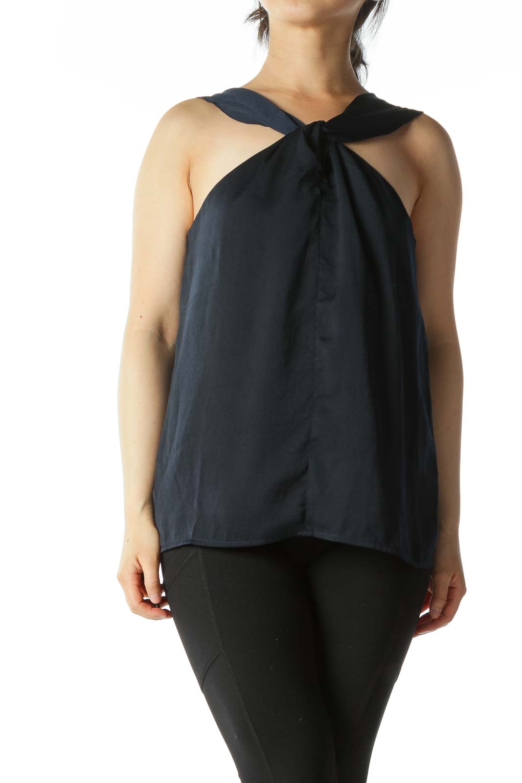 Navy Cross-Front Keyhole Sleeveless Blouse Front