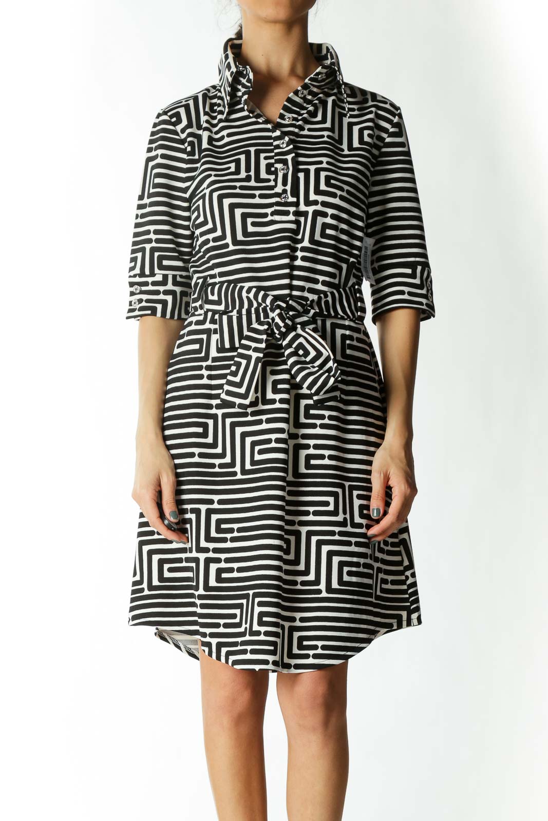 Black and White Striped Shirt Dress with Belt  Front