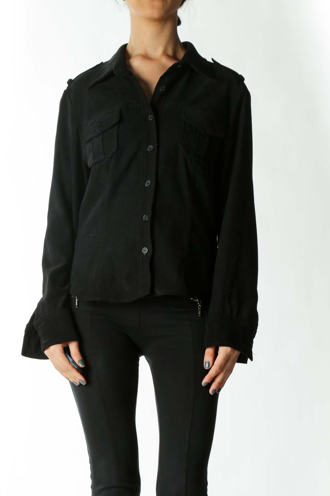 Black Epaulet Pocketed Button Down Shirt Front