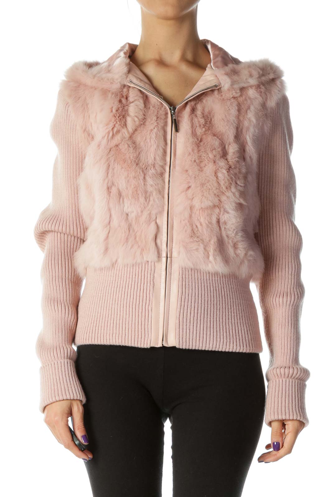 Light-Pink Dyed-Rabbit-Fur Hooded Fitted Jacket Front