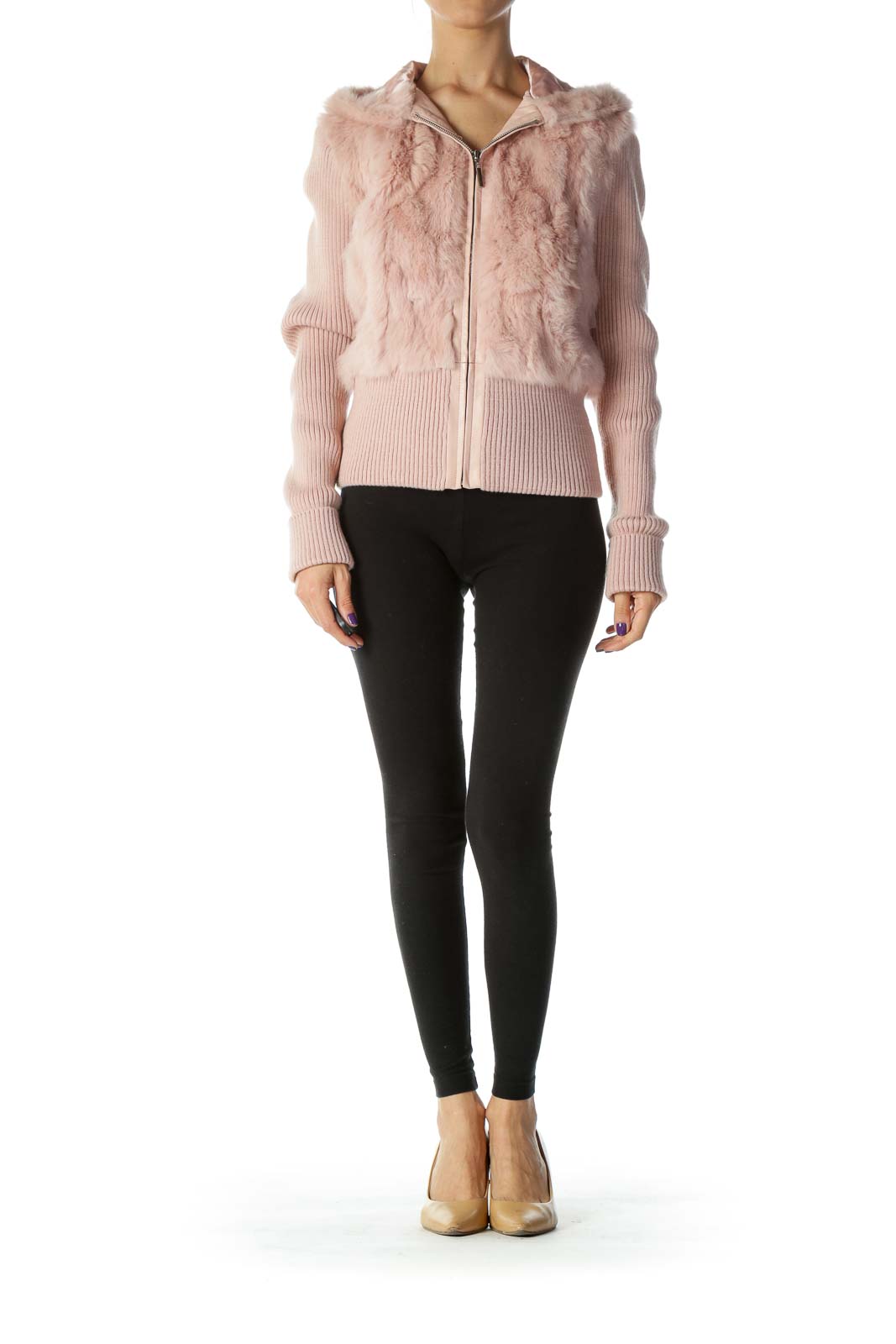 Blanc Noir Light Pink Dyed Rabbit Fur Hooded Fitted Jacket