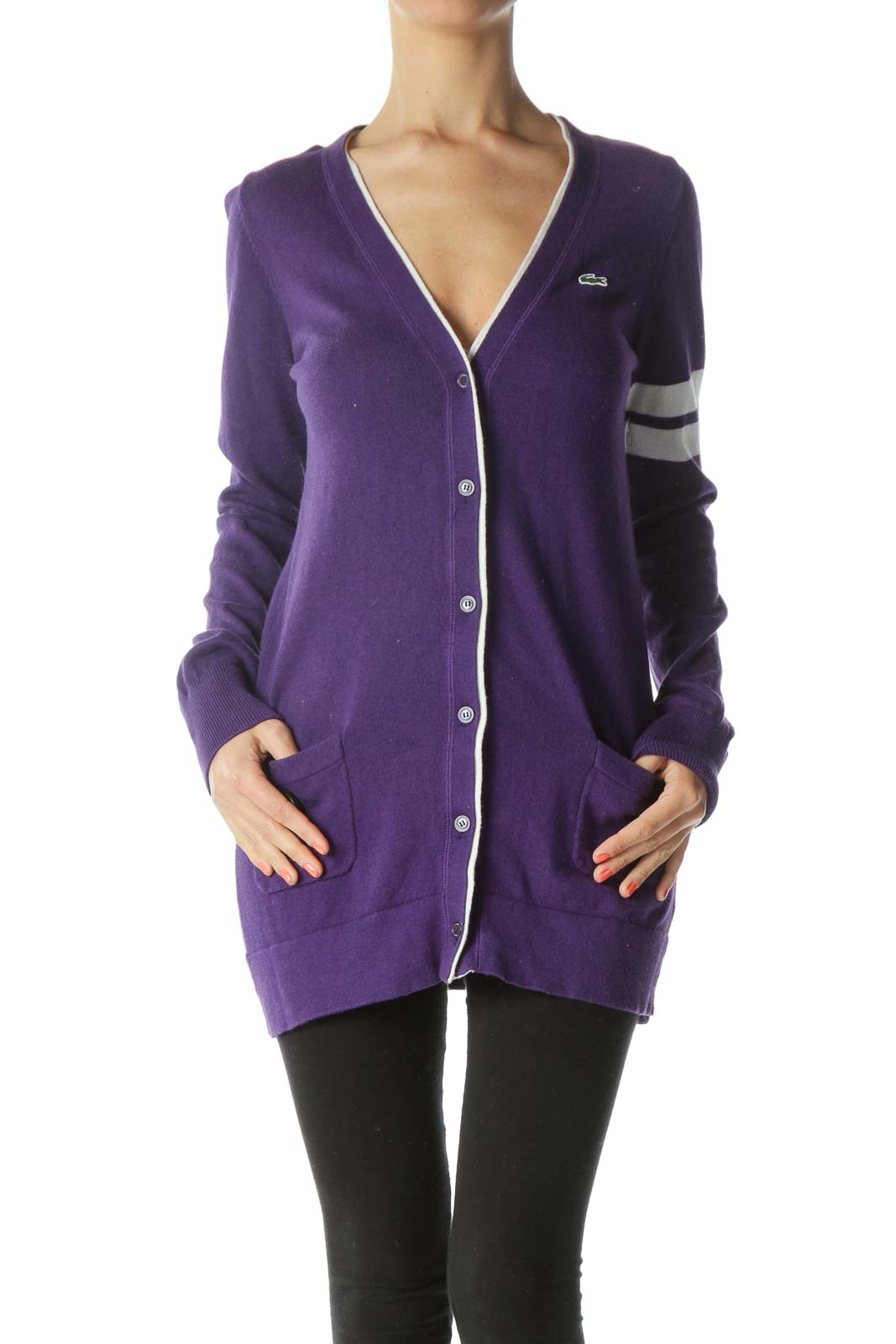 Purple and White Striped Button-Down Cardigan Front