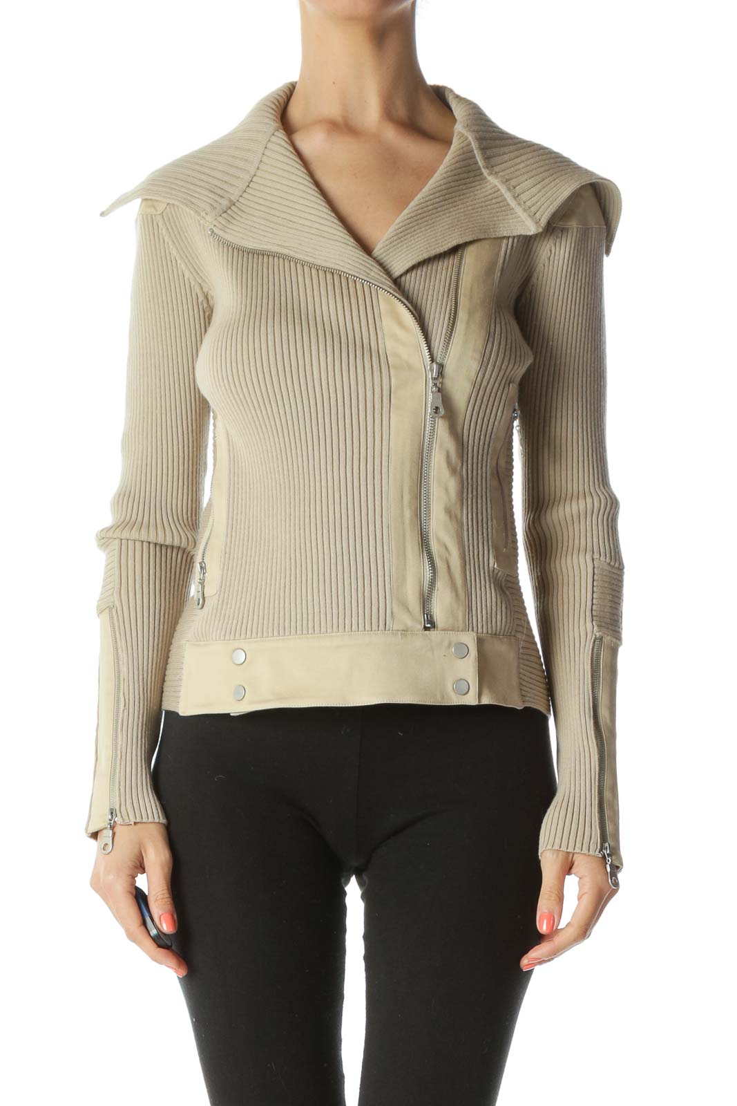 Beige Ribbed Stretch Pocketed Fitted Jacket Front