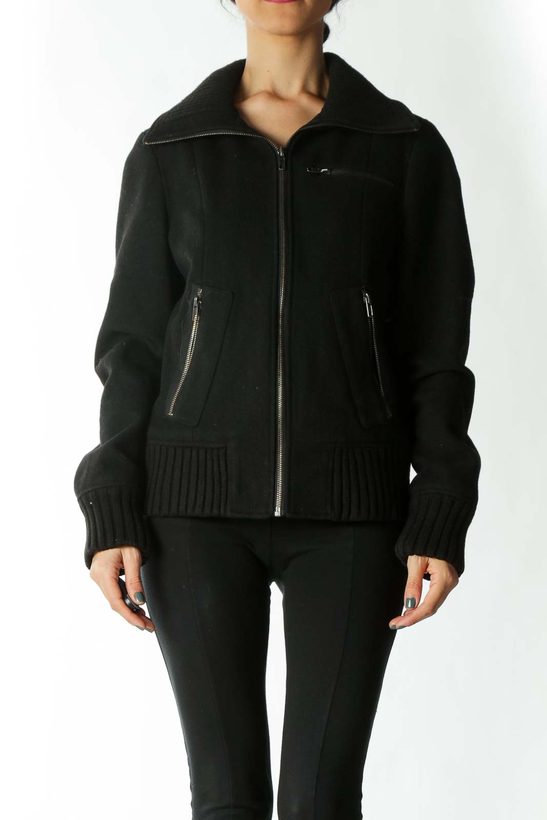 Black Wool-Blend Ribbed-Neck & Sleeve Zip-Up Coat Front