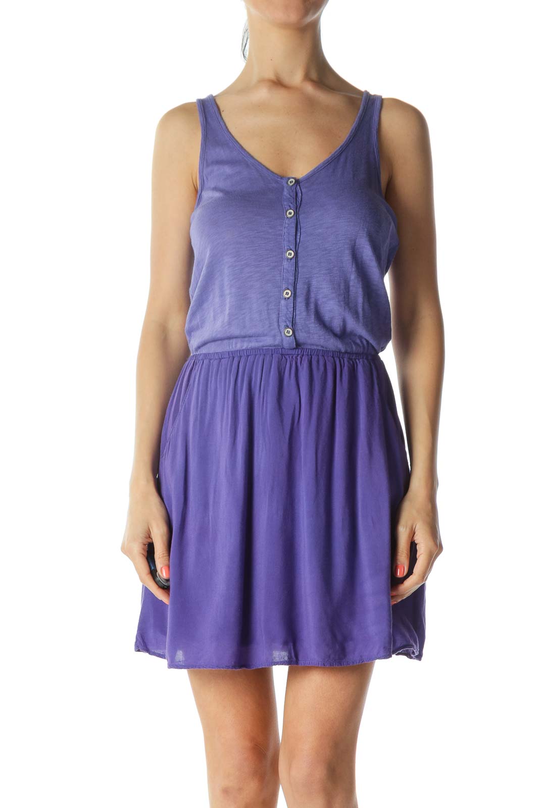 Purple Supima Cotton Pocketed Buttoned Jersey Dress Front