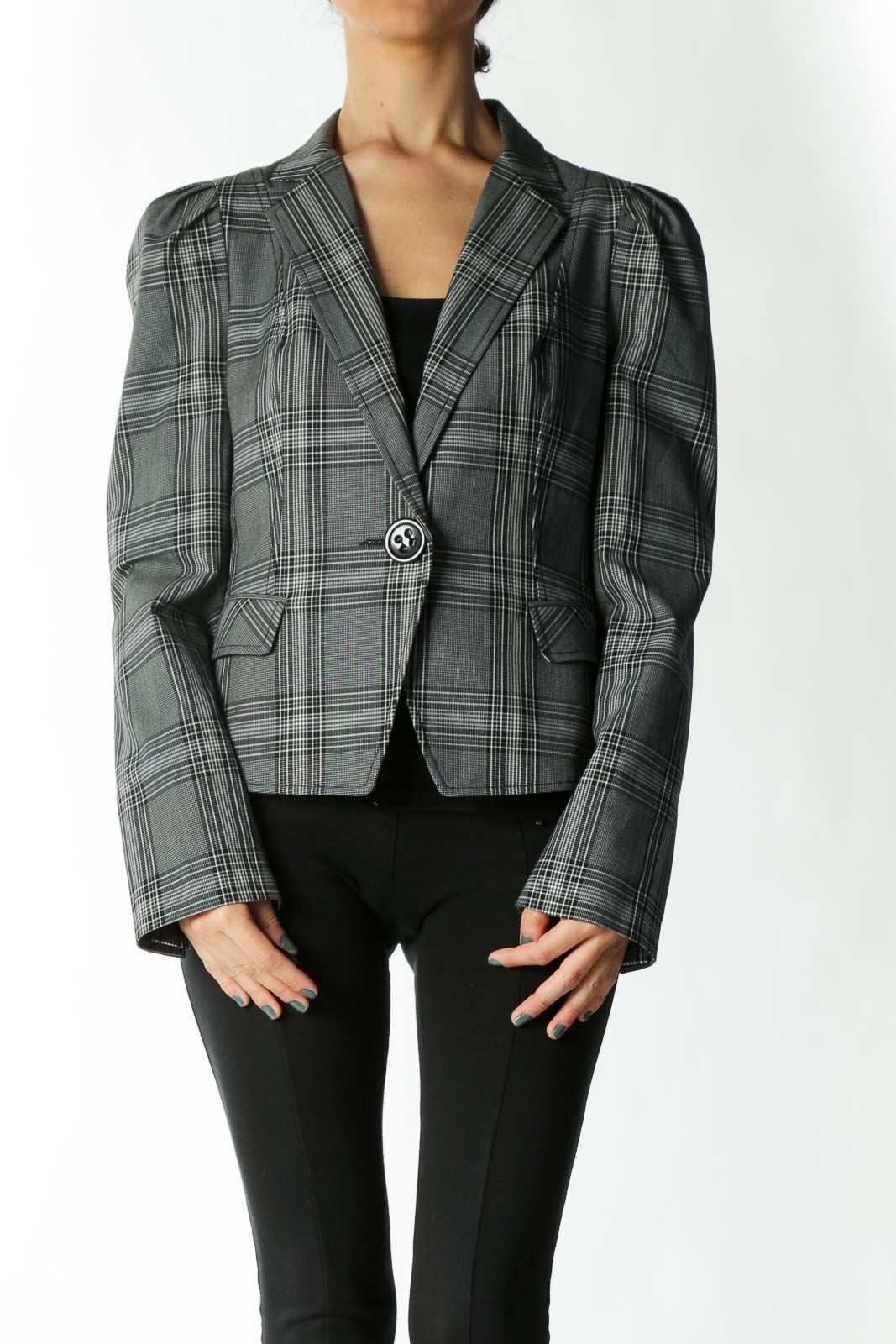 Grey and Black Plaid Fitted Large-Button Blazer Front