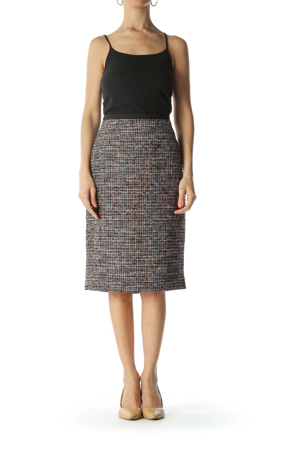 Multicolored Lined Tweed Pencil Slit Skirt