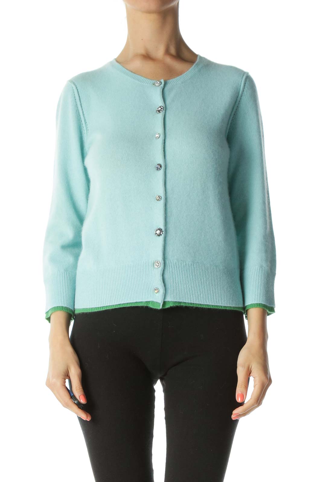 Light-Blue Green-Double-Applique 100% Cashmere Bejeweled-Buttons Sweater Front