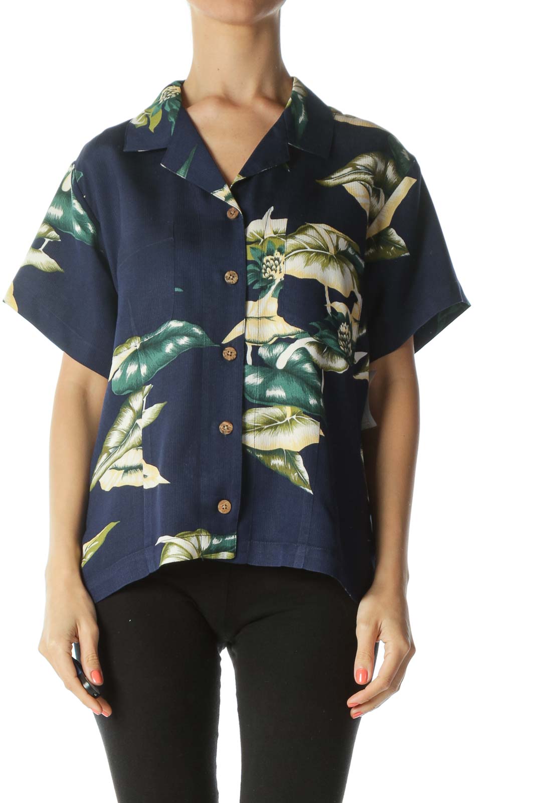 Blue/Yellow/Green 100% Silk Floral-Print Buttoned T-Shirt Front