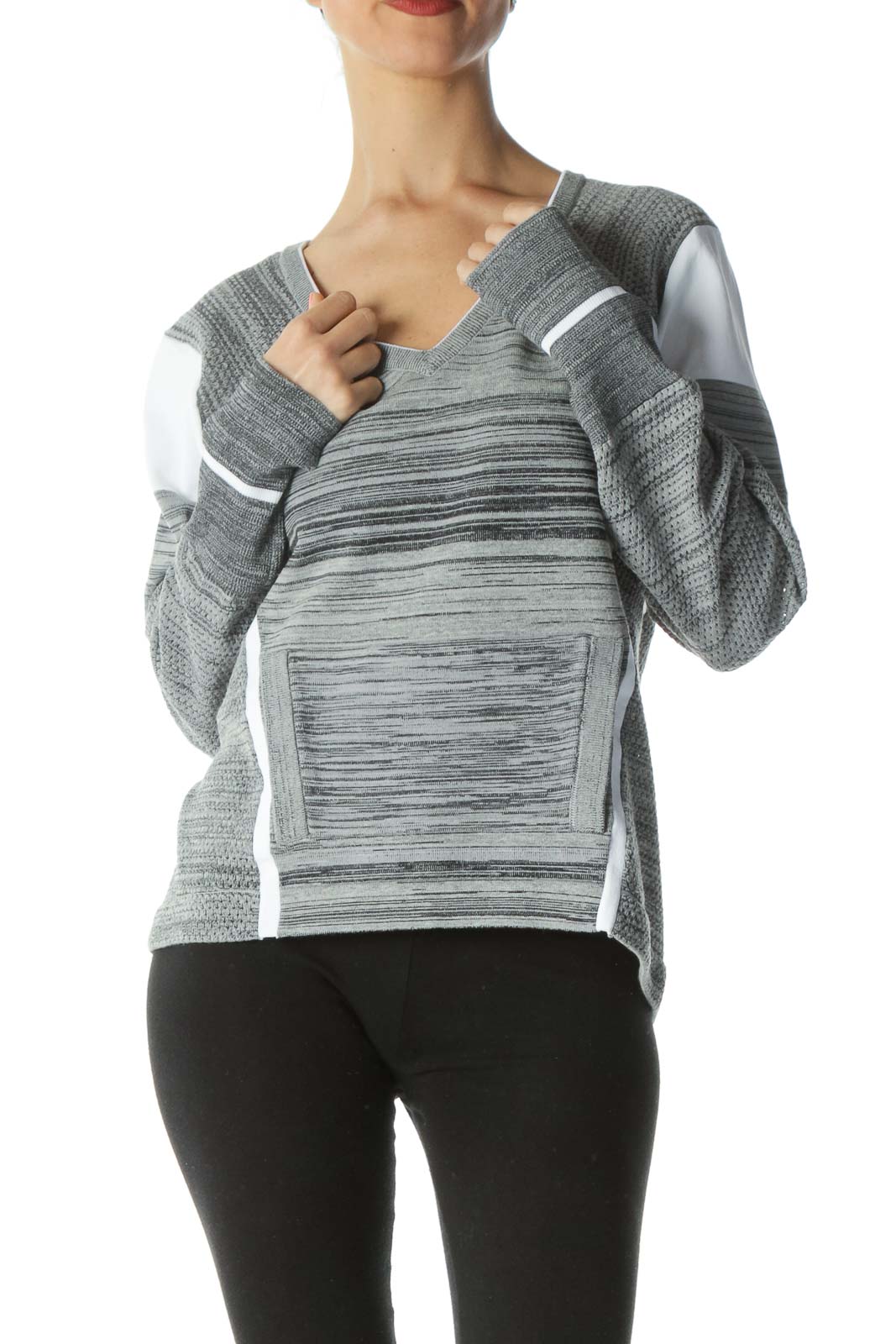 Gray/White V-Neck Knitted Front-Pocket Pullover Sweater Front