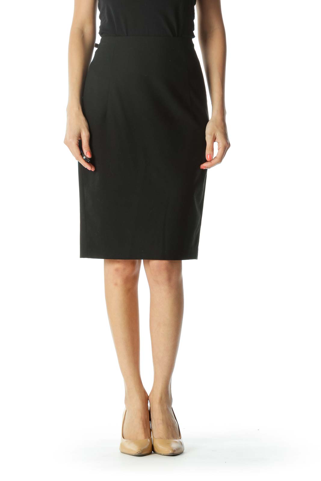 Black Back-Visible-Zipper-Detail Leg-Slit Pencil Skirt Front