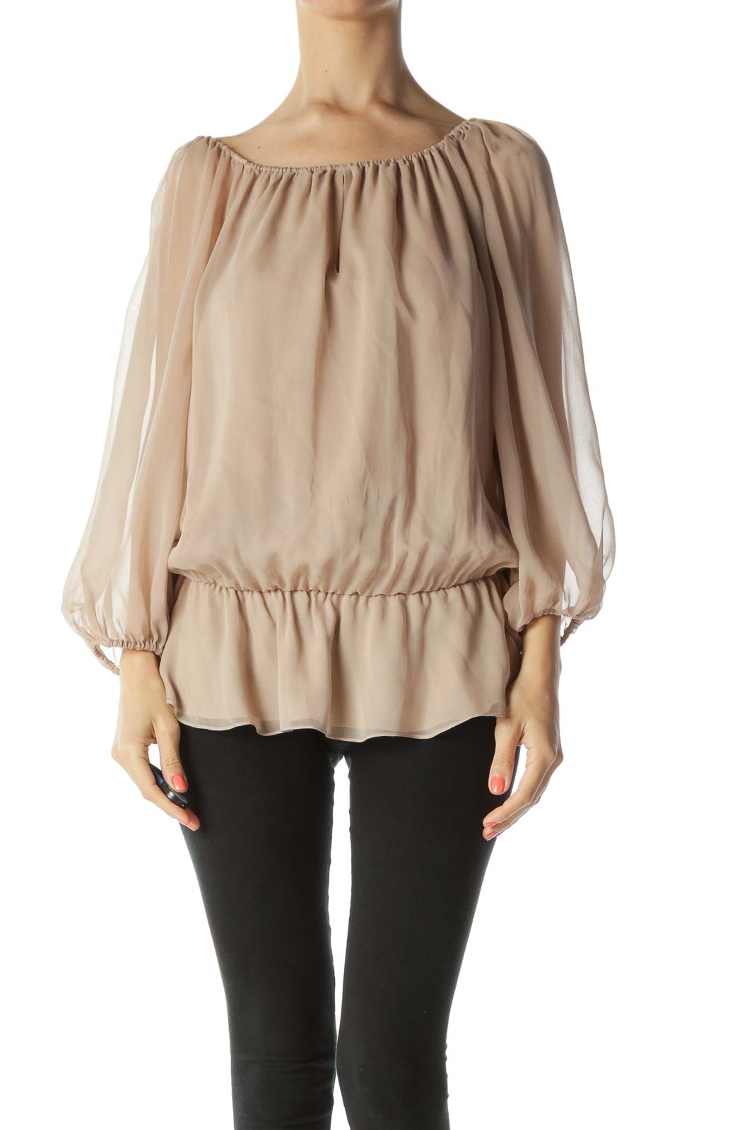Beige Off-The-Shoulder Peasant-Sleeve Cinched-Waist Blouse Front