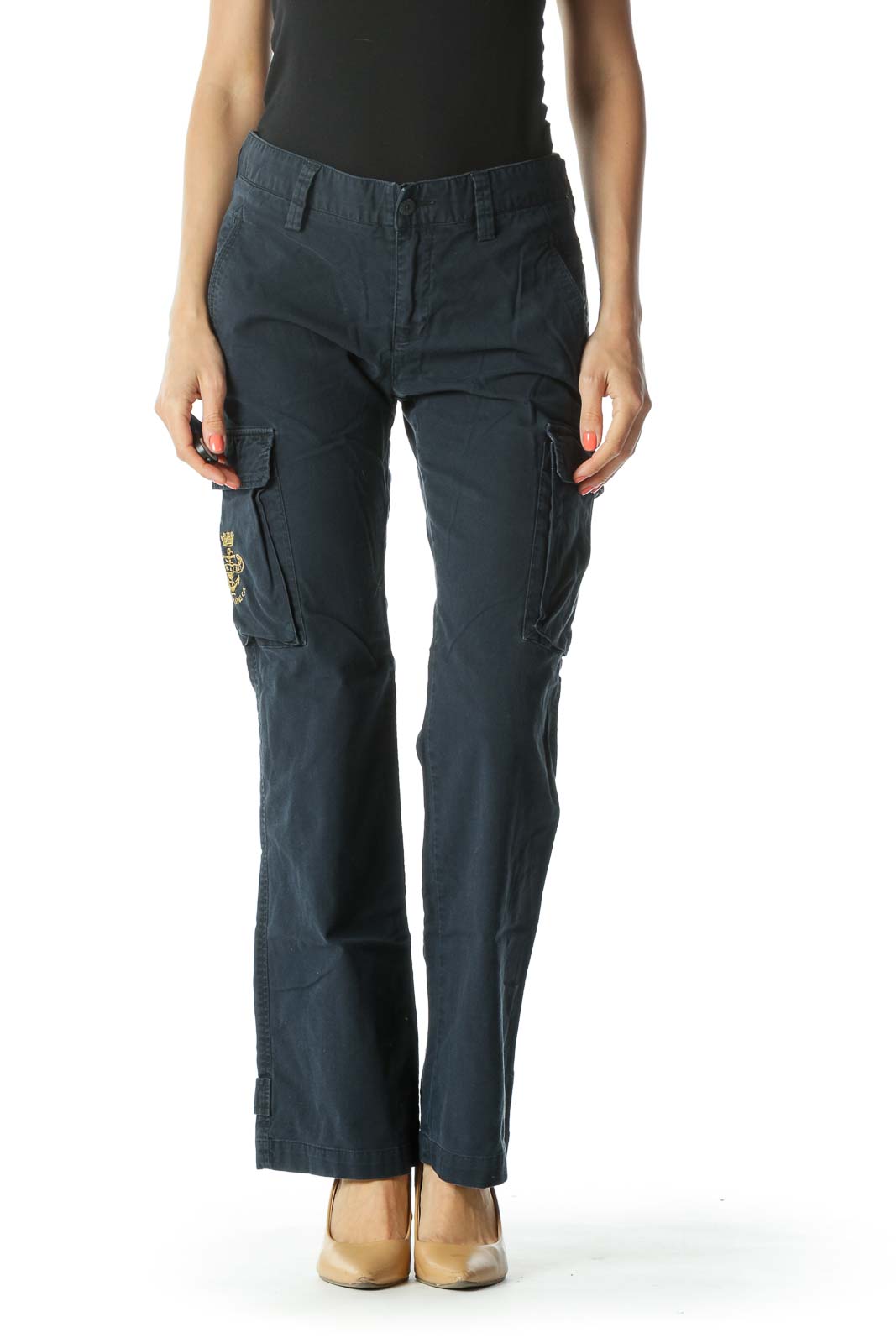 Navy Cargo Pants with Leg Pockets and Gold Embroiderey Front