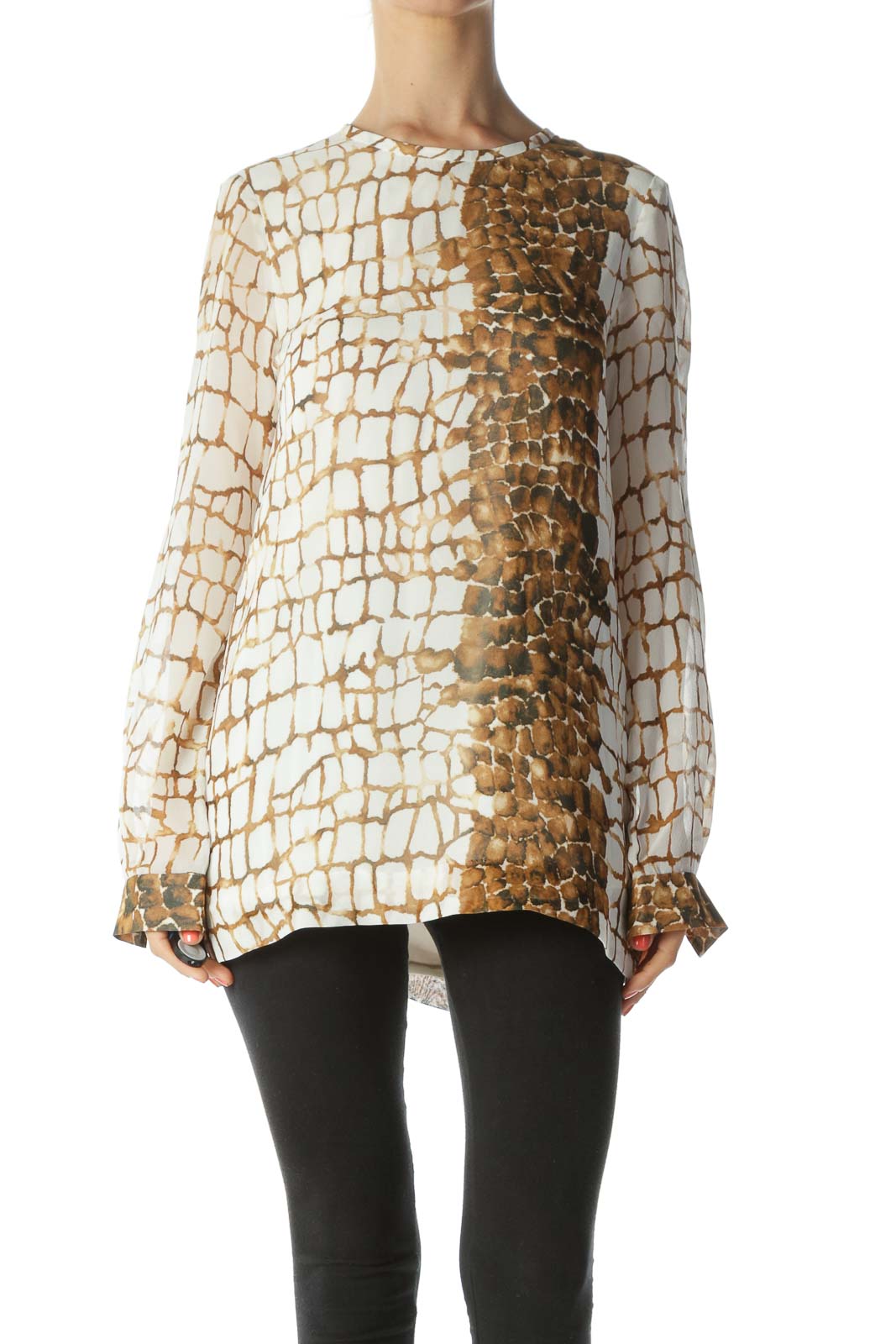 White & Brown Reptilian-Print 100% Silk Long-Sleeve Designer Blouse Front