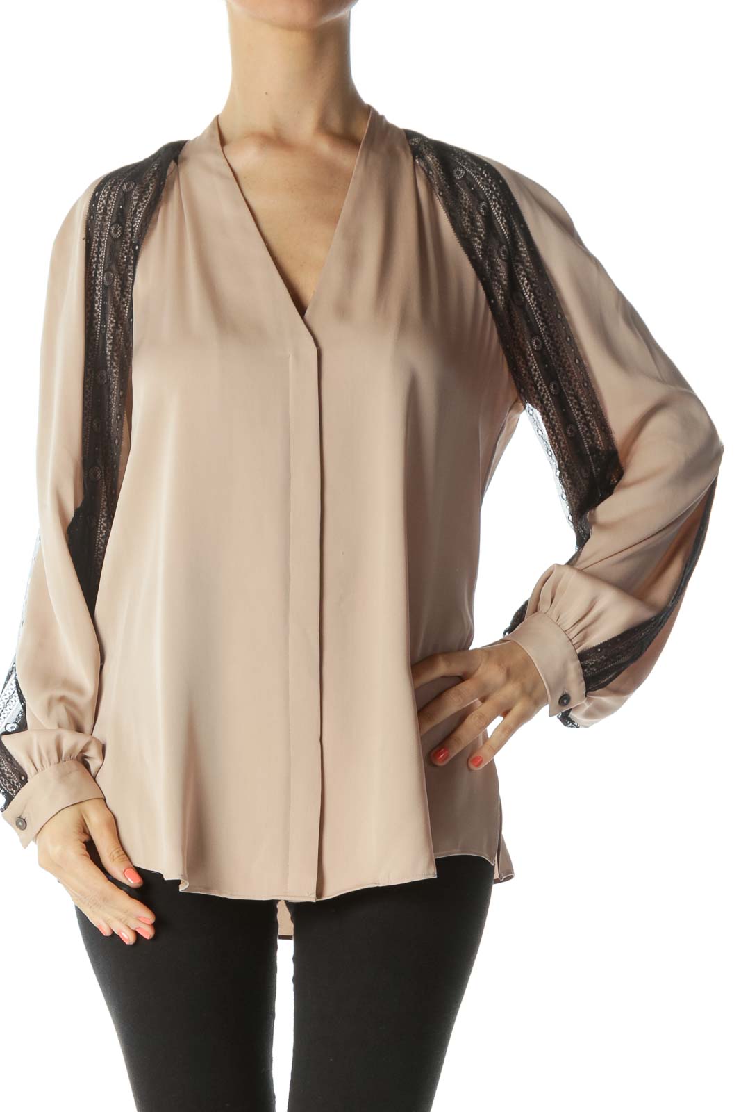Beige Silk Black-Lace-Sleeved Long-Sleeve Blouse Front