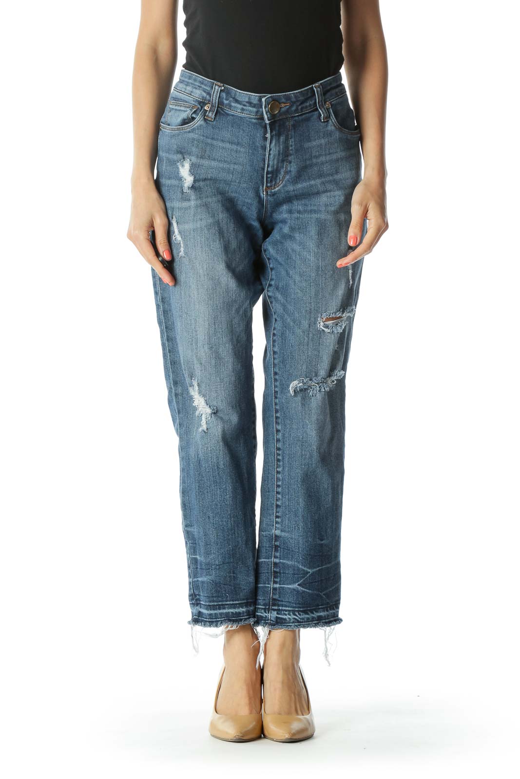Blue Medium-Wash Distressed Cropped Boyfriend Denim Jeans Front