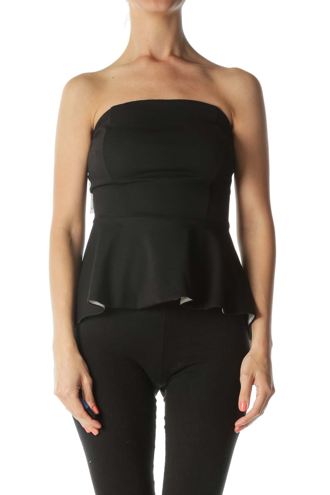 Black/Cream Strapless High-Low Peplum Top with Inside-Stick-On-Trim Aid Front