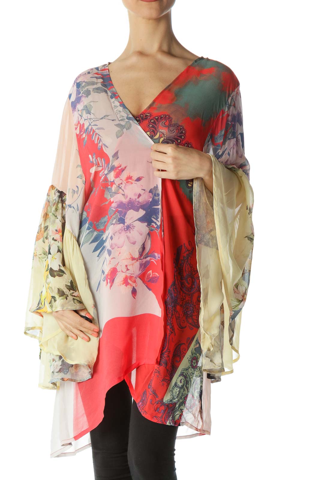 Multicolored Floral Bell-Sleeve Kimono Front