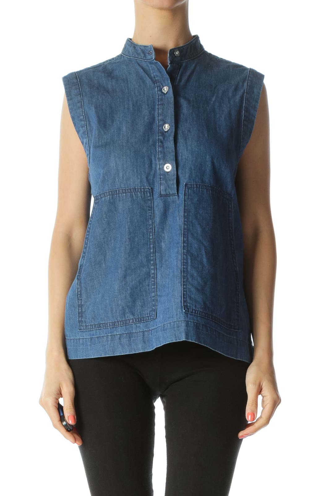 Blue Denim Sleeveless Pocketed Buttoned Blouse with Mandarin Collar Front