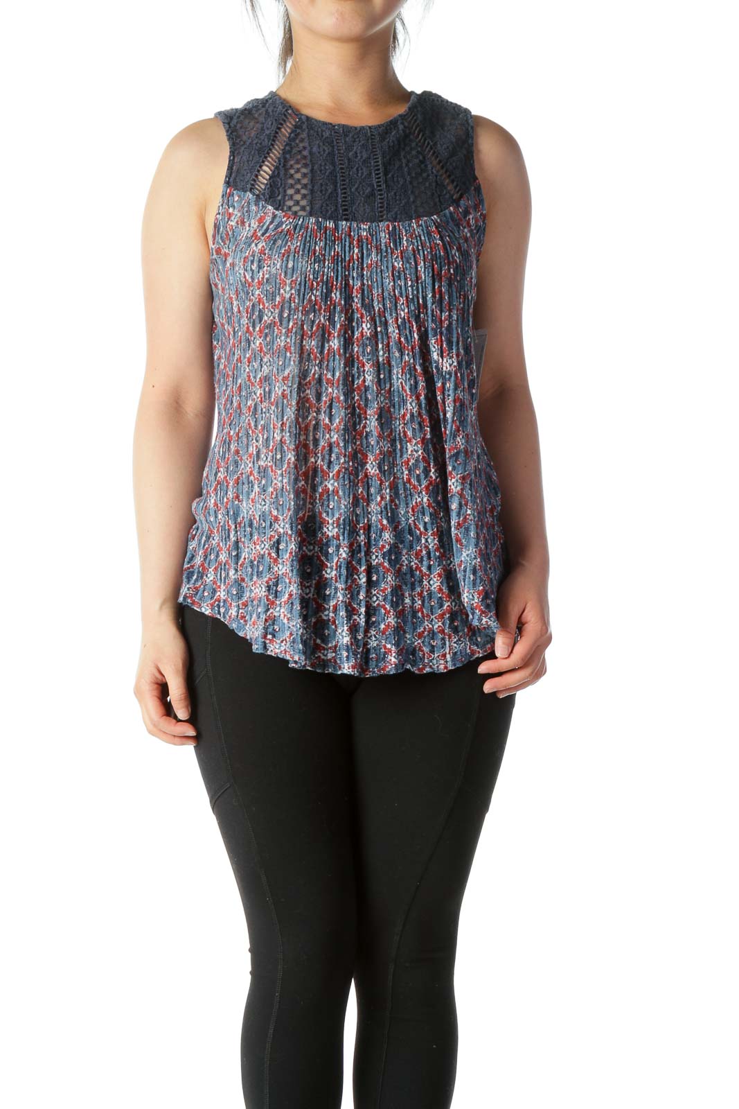 Blue Red Floral Pattern Pleated Top Front