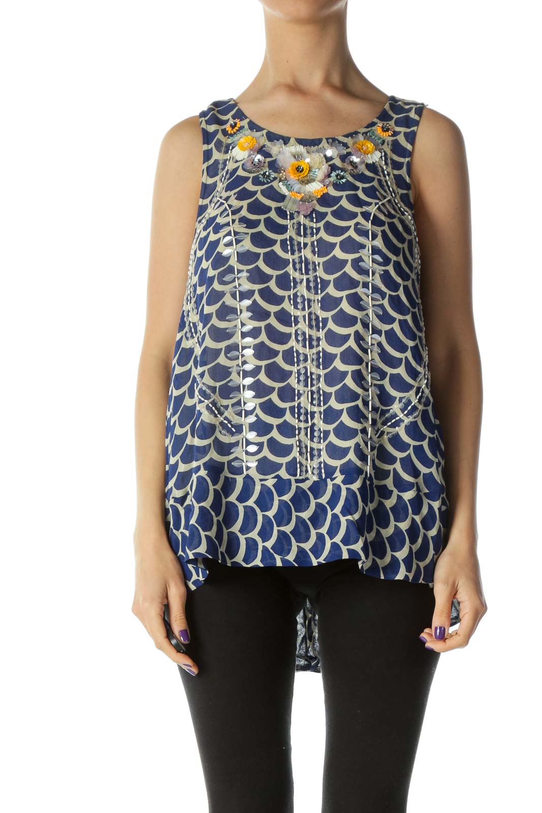 Blue Floral Sequinned Pattern Top Front
