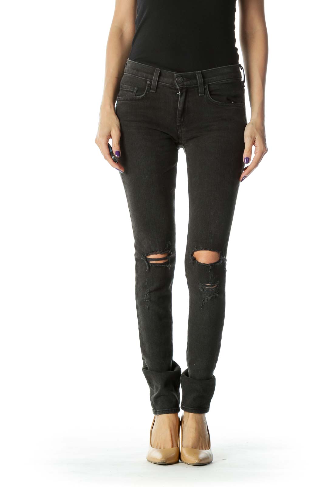 Black Faded Distressed Skinny Jean Front