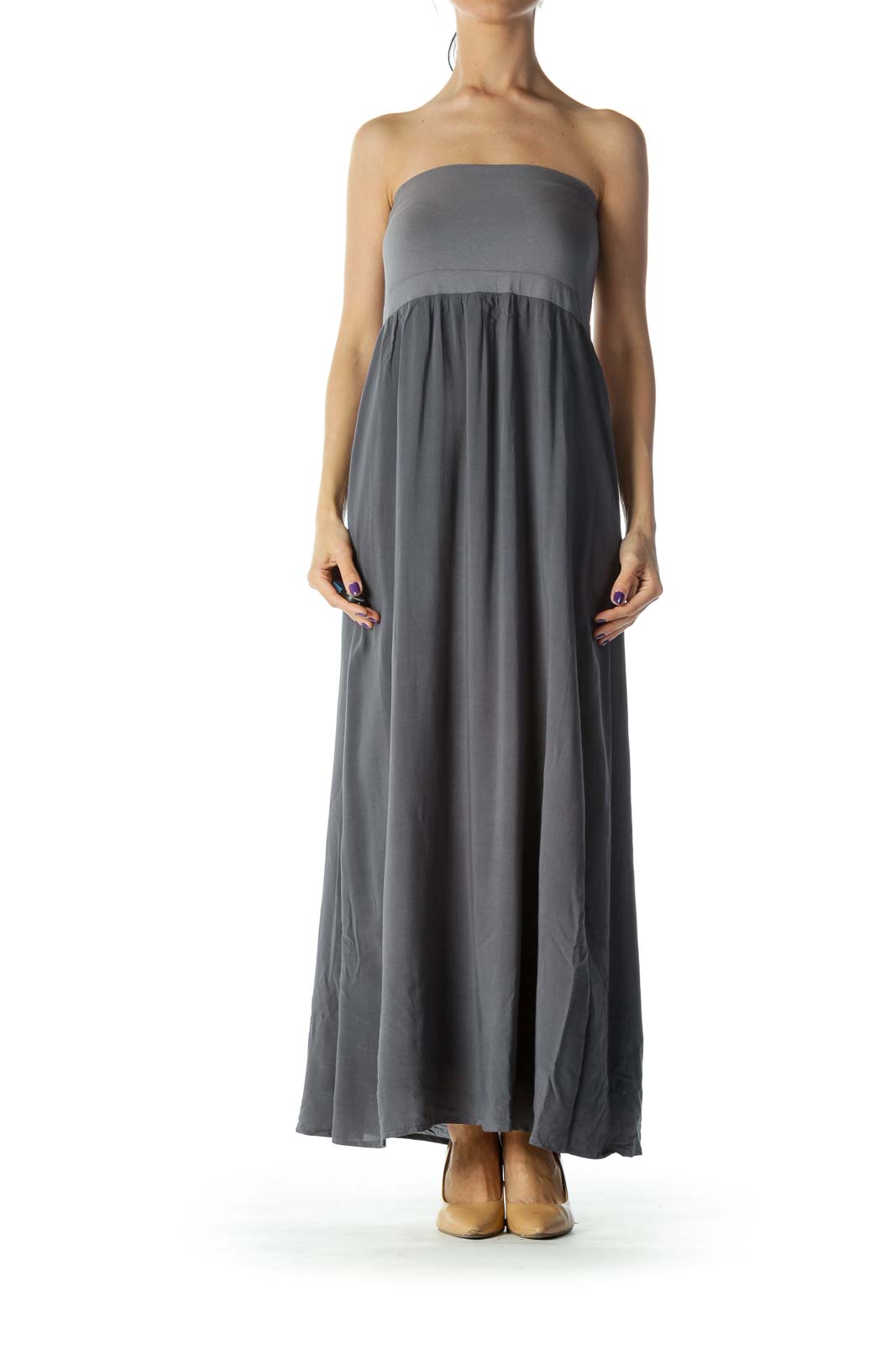 Grey Strapless Maxi Dress Front