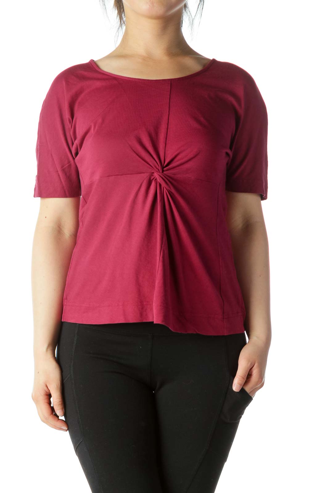 Red Short Sleeve Knot Detail Cotton T-Shirt Front