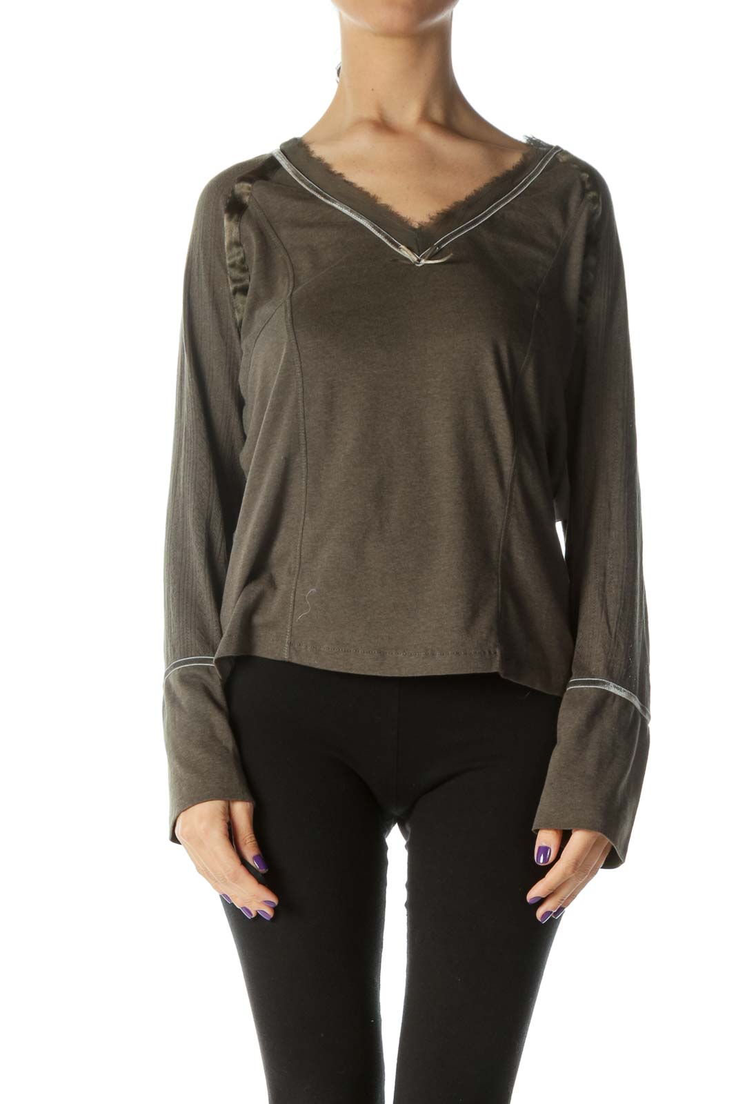 Green V-Neck Long Sleeve Top  Front