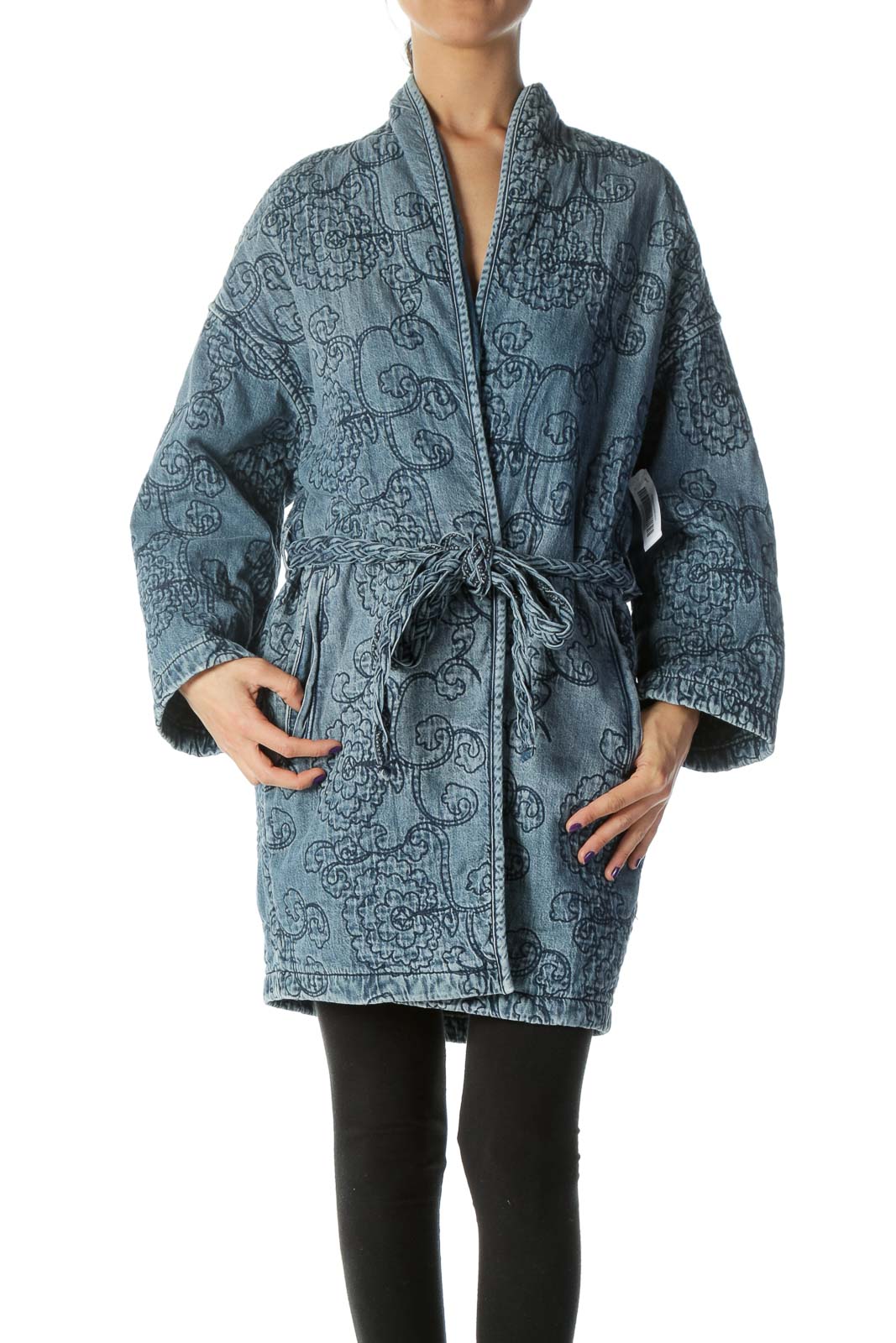 Blue Medium Wash Embroidered Belted Denim Jacket Front