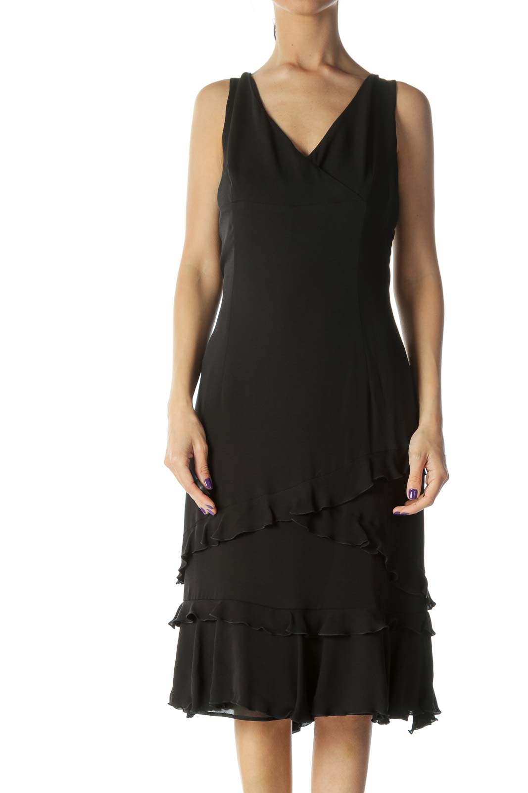Black Ruffled Silk Dress Front