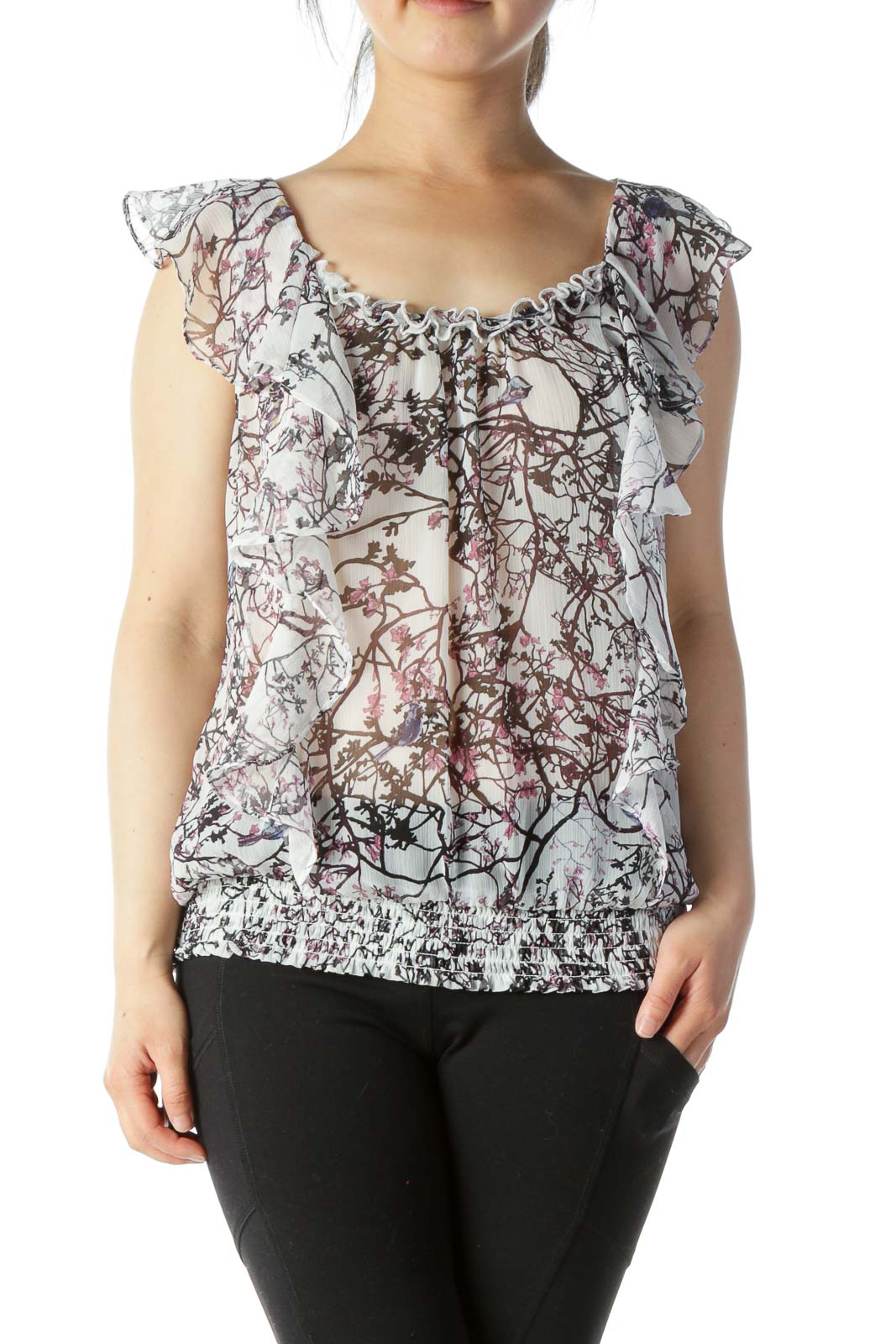 Multicolored Floral-Print Ruffled Translucent Cinched-Waist Blouse Front
