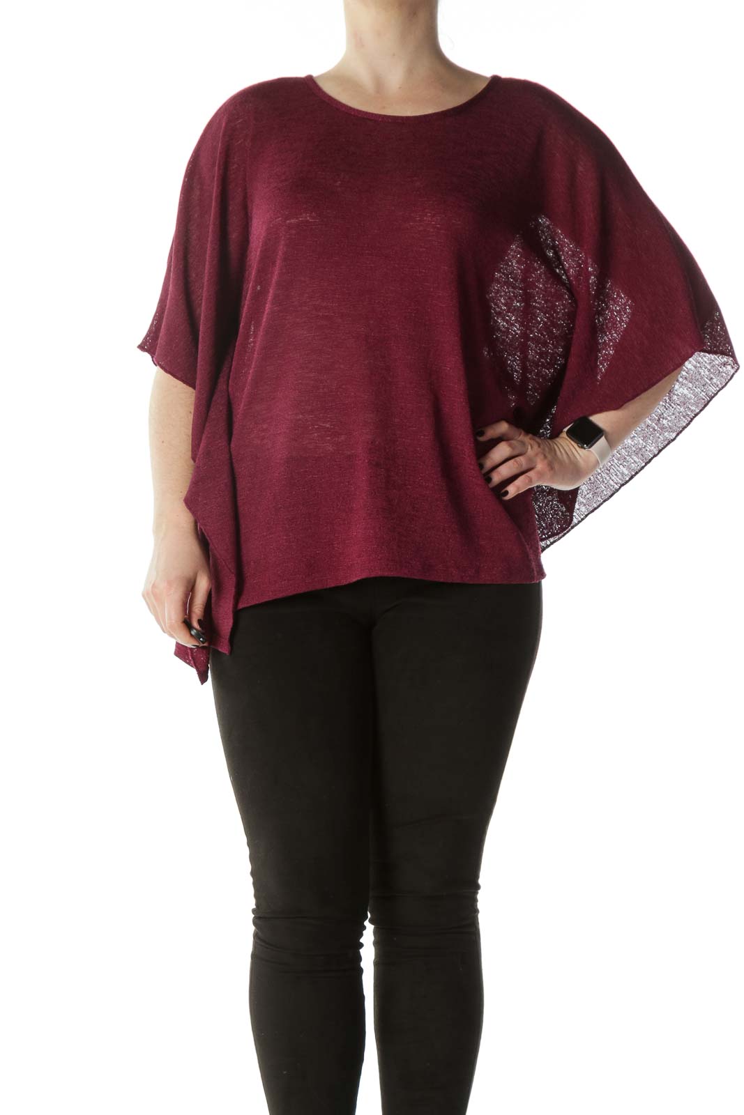 Burgundy Flared-Sleeves See-Through-Knit Top Front