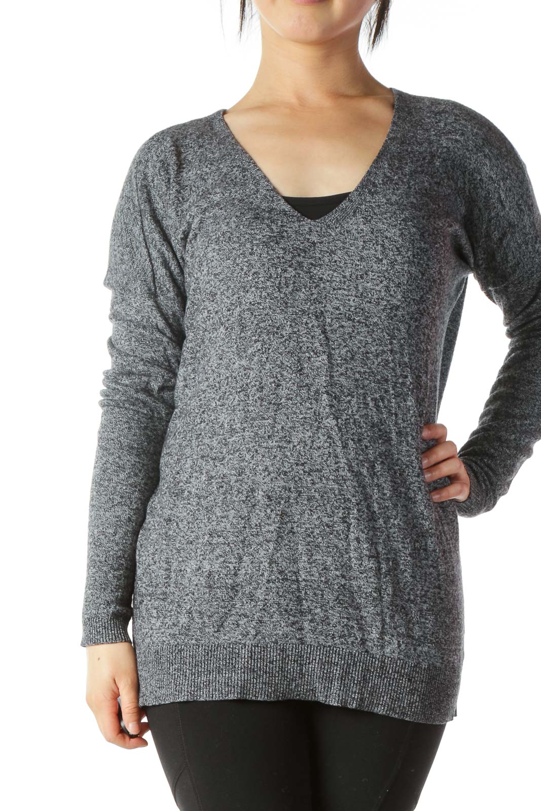Gray Wool-Blend Mottled V-Neck Slim-Sleeves Sweater Front