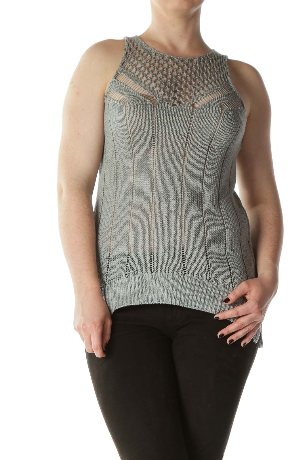 Gray Silver-Thread See-Through-Knit Dress Front