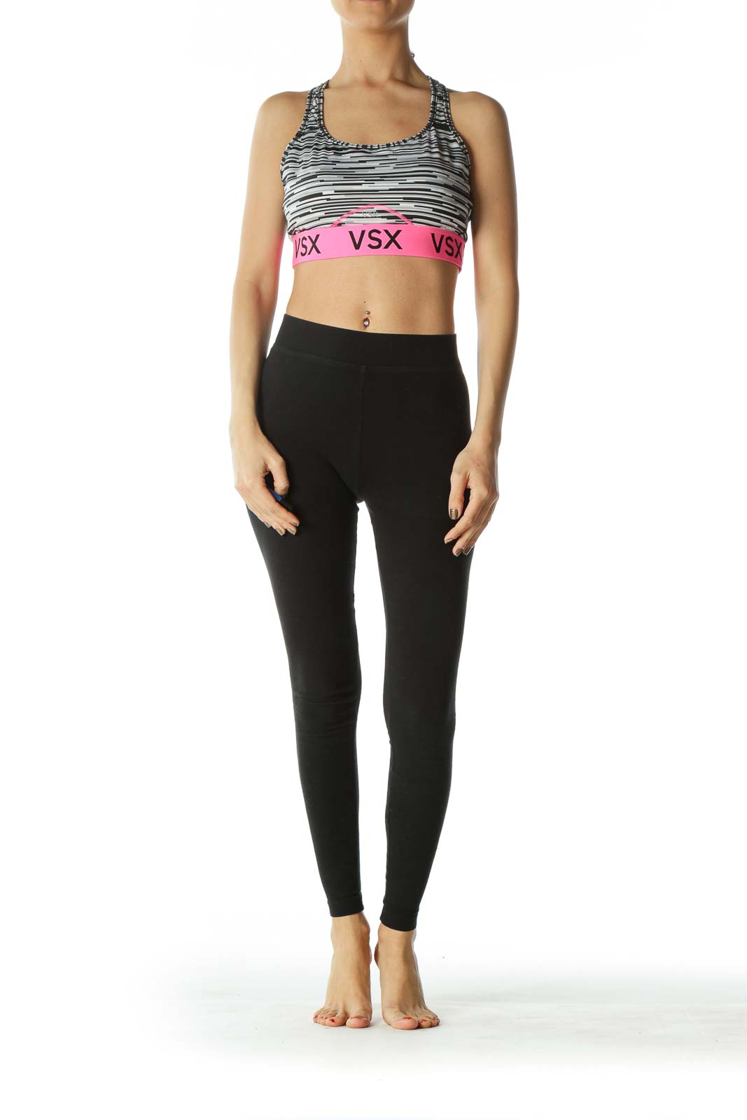 Victoria's Secret - Black Gray Fluorescent-Pink Printed Sports Bra  Polyester2 Elastane Polyester
